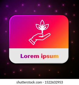 White line Plant in hand of environmental protection icon isolated on black background. Seed and seedling. Planting sapling. Ecology concept. Rectangle color button. Vector Illustration