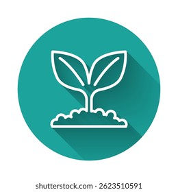 White line Plant icon isolated with long shadow background. Seed and seedling. Leaves sign. Leaf nature. Green circle button. Vector