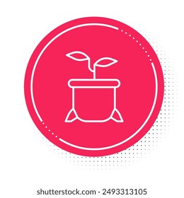 White line Plant in pot icon isolated on white background. Plant growing in a pot. Potted plant sign. Red circle button. Vector