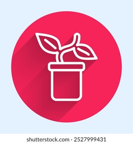 White line Plant in pot icon isolated with long shadow. Plant growing in a pot. Potted plant sign. Red circle button. Vector