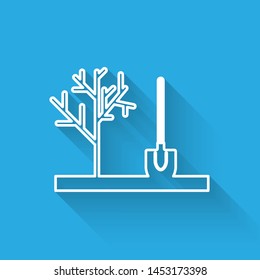 White line Planting a tree in the ground icon isolated with long shadow. Gardening, agriculture, caring for environment.  Vector Illustration