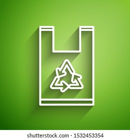 White line Plastic bag with recycle icon isolated on green background. Bag with recycling symbol.  Vector Illustration