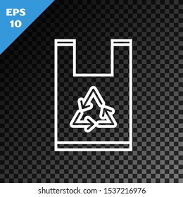White line Plastic bag with recycle icon isolated on transparent dark background. Bag with recycling symbol.  Vector Illustration