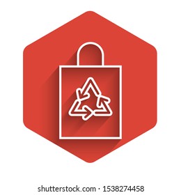 White line Plastic bag with recycle icon isolated with long shadow. Bag with recycling symbol. Red hexagon button. Vector Illustration