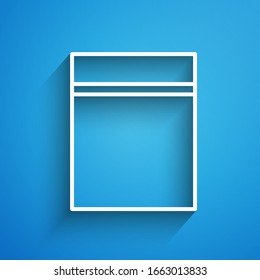 White line Plastic bag with ziplock icon isolated on blue background. Long shadow. Vector Illustration