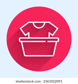 White line Plastic basin with shirt icon isolated with long shadow. Bowl with water. Washing clothes, cleaning equipment. Red circle button. Vector