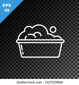White line Plastic basin with soap suds icon isolated on transparent dark background. Bowl with water. Washing clothes, cleaning equipment.  Vector Illustration