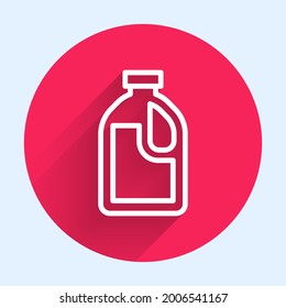 Línea blanca Botella de plástico para detergente para lavandería, blanqueador, líquido lavavajillas u otro icono de agente de limpieza aislado con sombra larga. Botón de círculo rojo. Vector