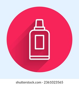 White line Plastic bottle for laundry detergent, bleach, dishwashing liquid or another cleaning agent icon isolated with long shadow. Red circle button. Vector