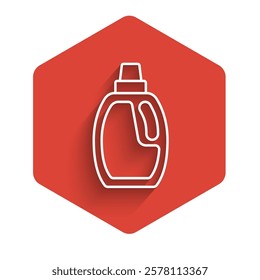 White line Plastic bottle for laundry detergent, bleach, dishwashing liquid or another cleaning agent icon isolated with long shadow background. Red hexagon button. Vector