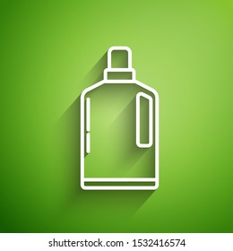 White line Plastic bottle for liquid laundry detergent, bleach, dishwashing liquid or another cleaning agent icon isolated on green background.  Vector Illustration