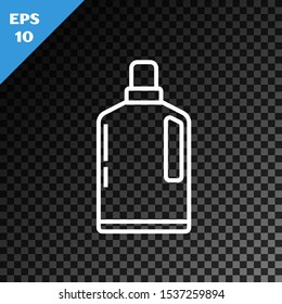 White line Plastic bottle for liquid laundry detergent, bleach, dishwashing liquid or another cleaning agent icon isolated on transparent dark background.  Vector Illustration