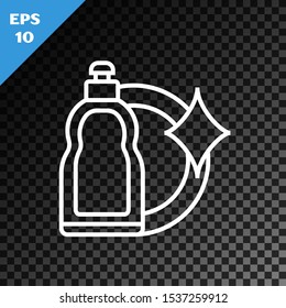 White line Plastic bottle for liquid laundry detergent, bleach, dishwashing liquid or another cleaning agent icon isolated on transparent dark background.  Vector Illustration