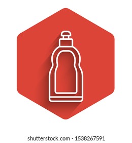 White line Plastic bottle for liquid laundry detergent, bleach, dishwashing liquid or another cleaning agent icon isolated with long shadow. Red hexagon button. Vector Illustration