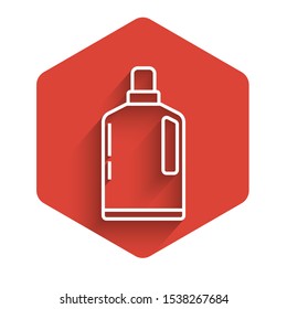 White line Plastic bottle for liquid laundry detergent, bleach, dishwashing liquid or another cleaning agent icon isolated with long shadow. Red hexagon button. Vector Illustration