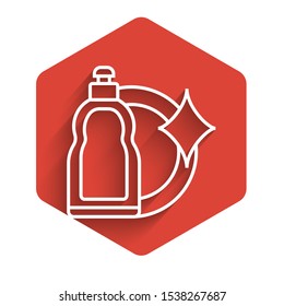 White line Plastic bottle for liquid laundry detergent, bleach, dishwashing liquid or another cleaning agent icon isolated with long shadow. Red hexagon button. Vector Illustration