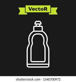 White line Plastic bottle for liquid laundry detergent, bleach, dishwashing liquid or another cleaning agent icon isolated on black background.  Vector Illustration