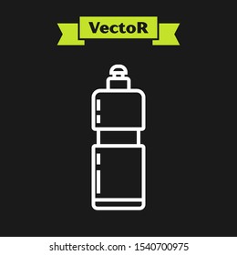 White line Plastic bottle for liquid laundry detergent, bleach, dishwashing liquid or another cleaning agent icon isolated on black background.  Vector Illustration