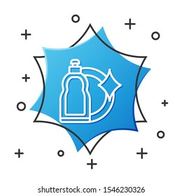 White line Plastic bottle for liquid laundry detergent, bleach, dishwashing liquid or another cleaning agent icon isolated on white background. Blue hexagon button. Vector Illustration