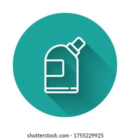 White line Plastic bottles for laundry detergent, bleach, dishwashing liquid or another cleaning agent icon isolated with long shadow. Green circle button. Vector Illustration