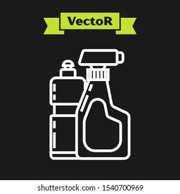 White line Plastic bottles for liquid laundry detergent, bleach, dishwashing liquid or another cleaning agent icon isolated on black background.  Vector Illustration