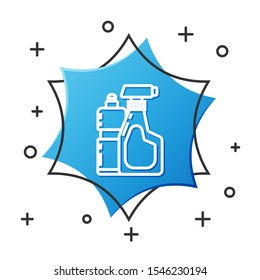 White line Plastic bottles for liquid laundry detergent, bleach, dishwashing liquid or another cleaning agent icon isolated on white background. Blue hexagon button. Vector Illustration