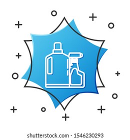 White line Plastic bottles for liquid laundry detergent, bleach, dishwashing liquid or another cleaning agent icon isolated on white background. Blue hexagon button. Vector Illustration