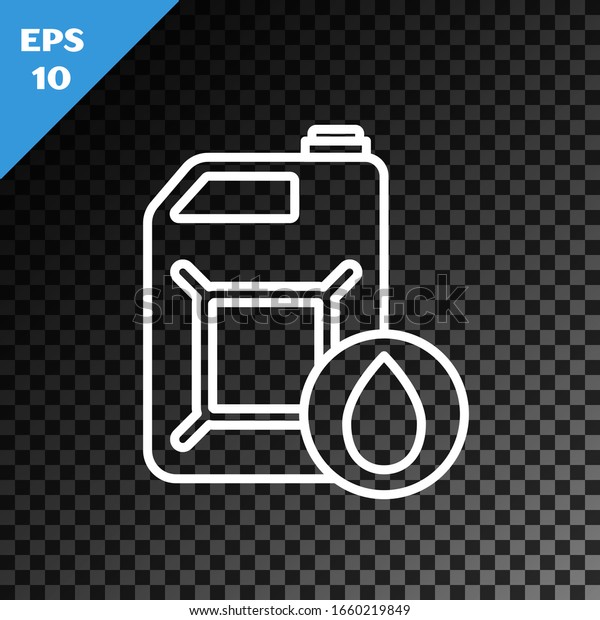 White line Plastic canister\
for motor machine oil icon isolated on transparent dark background.\
Oil gallon. Oil change service and repair.  Vector\
Illustration