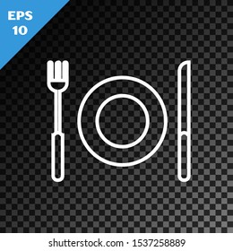 White line Plate, fork and knife icon isolated on transparent dark background. Cutlery symbol. Restaurant sign.  Vector Illustration