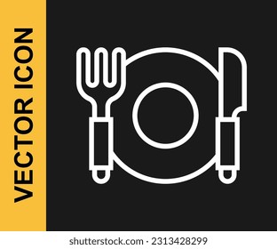 White line Plate, fork and knife icon isolated on black background. Cutlery symbol. Restaurant sign.  Vector