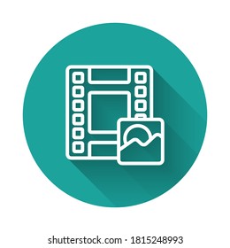 White line Play Video icon isolated with long shadow. Film strip sign. Green circle button. Vector.