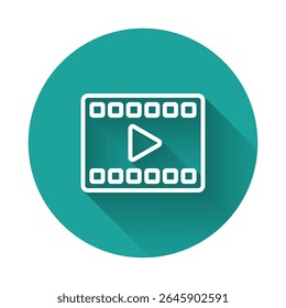 White line Play Video icon isolated with long shadow. Film strip with play sign. Green circle button. Vector