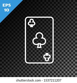 White line Playing card with clubs symbol icon isolated on transparent dark background. Casino gambling.  Vector Illustration