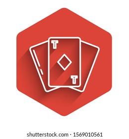 White line Playing card with diamonds symbol icon isolated with long shadow. Casino gambling. Red hexagon button. Vector Illustration