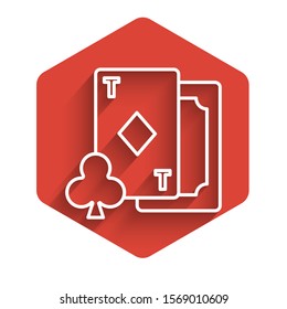 White line Playing card with diamonds symbol icon isolated with long shadow. Casino gambling. Red hexagon button. Vector Illustration