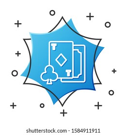 White line Playing card with diamonds symbol icon isolated on white background. Casino gambling. Blue hexagon button. Vector Illustration