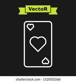 White line Playing card with heart symbol icon isolated on black background. Casino gambling.  Vector Illustration