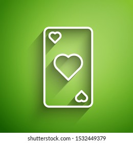 White line Playing card with heart symbol icon isolated on green background. Casino gambling.  Vector Illustration