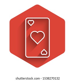 White line Playing card with heart symbol icon isolated with long shadow. Casino gambling. Red hexagon button. Vector Illustration