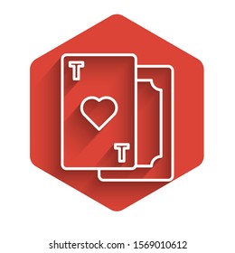 White line Playing card with heart symbol icon isolated with long shadow. Casino gambling. Red hexagon button. Vector Illustration