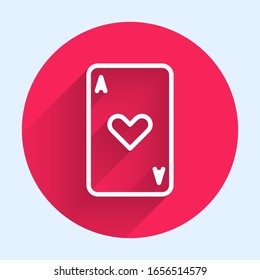 White line Playing card with heart symbol icon isolated with long shadow. Casino gambling. Red circle button. Vector Illustration