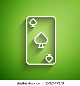 White line Playing card with spades symbol icon isolated on green background. Casino gambling.  Vector Illustration