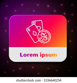 White line Playing cards and glass of whiskey with ice cubes icon isolated on black background. Casino gambling. Rectangle color button. Vector Illustration