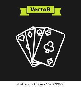 White line Playing cards icon isolated on black background. Casino gambling.  Vector Illustration