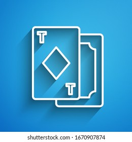 White line Playing cards icon isolated on blue background. Casino gambling. Long shadow. Vector Illustration