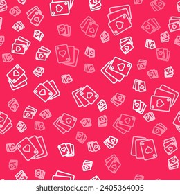 White line Playing cards icon isolated seamless pattern on red background. Casino gambling.  Vector