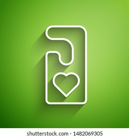 White line Please do not disturb with heart icon isolated on green background. Hotel Door Hanger Tags.  Vector Illustration