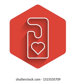 White line Please do not disturb with heart icon isolated with long shadow. Hotel Door Hanger Tags. Red hexagon button. Vector Illustration