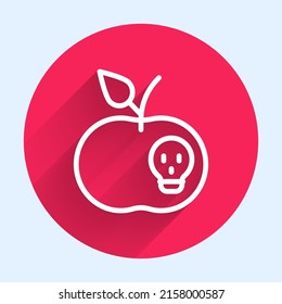 White line Poison apple icon isolated with long shadow background. Poisoned witch apple. Red circle button. Vector