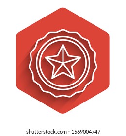 White line Police badge icon isolated with long shadow. Sheriff badge sign. Red hexagon button. Vector Illustration
